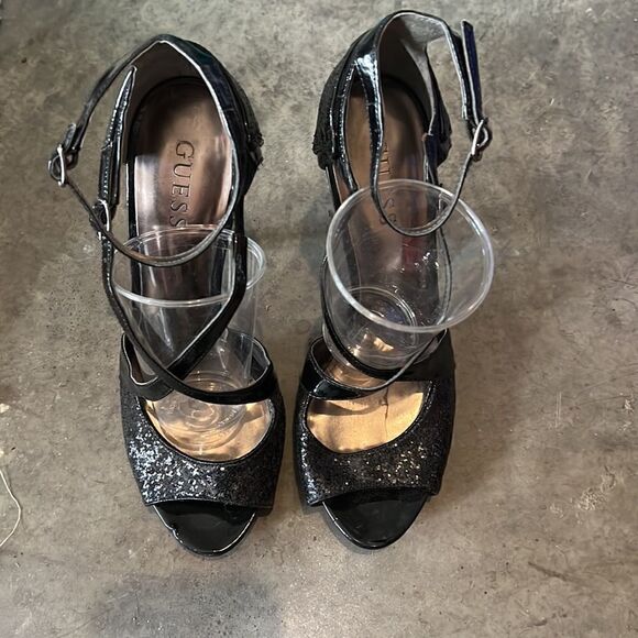 Size 8 Black Sparkly Guess Peep Toe Platform Stilettos - Picture 3 of 5